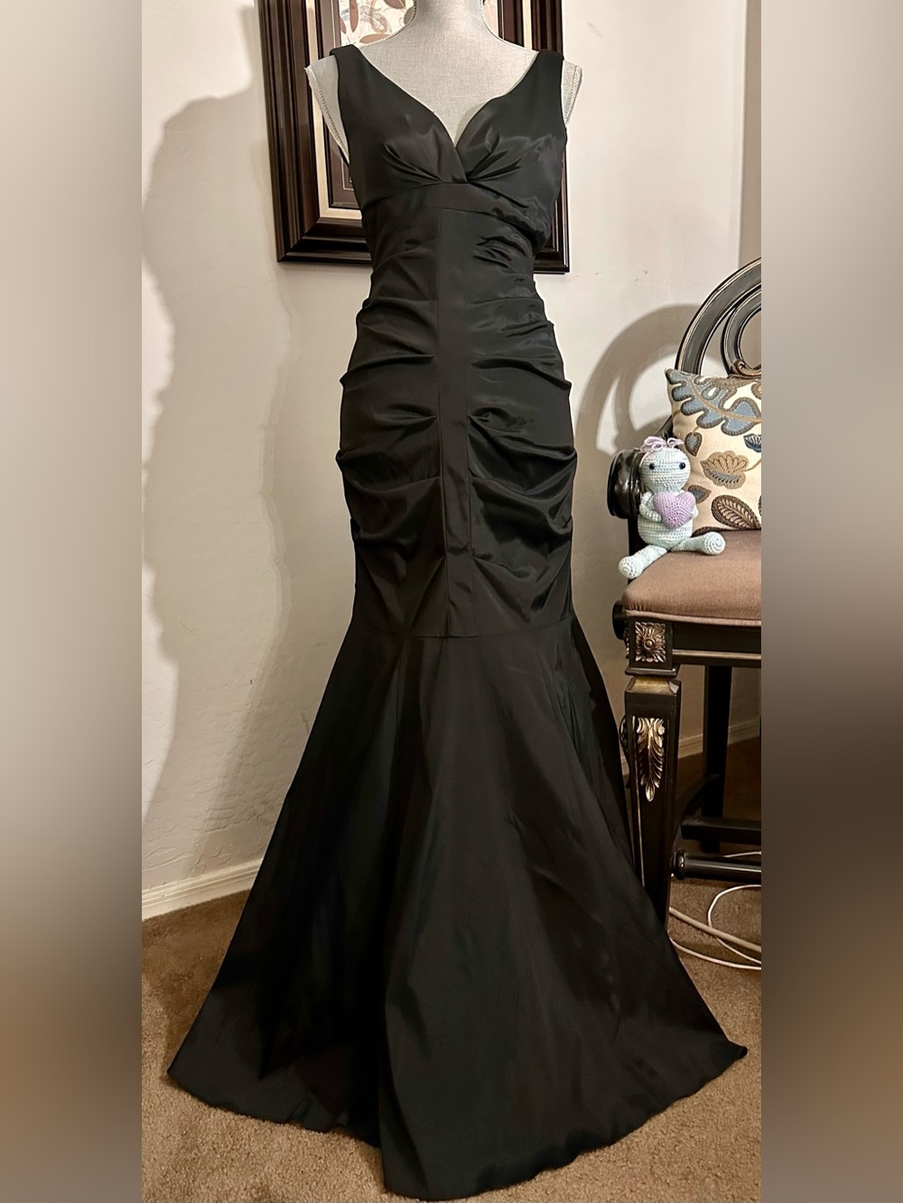 Xscape Joanna Chen Black Ruched Satin Mermaid Prom Gala Wedding Gown